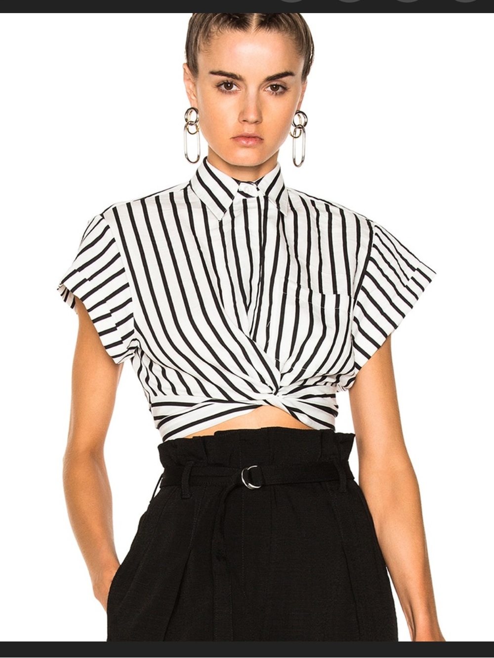 T Alexander Wang Striped Twist-Front Crop Shirt - White/Black